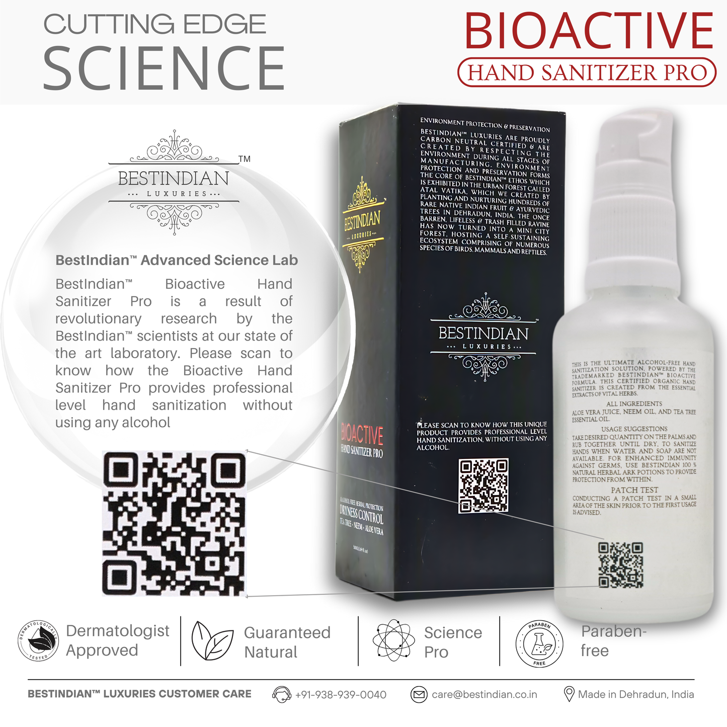 BioActive Hand Sanitizer Pro bottle and box by BestIndian, presented with a QR code and text about the product’s advanced scientific research, highlighting its professional, alcohol-free hand sanitization.