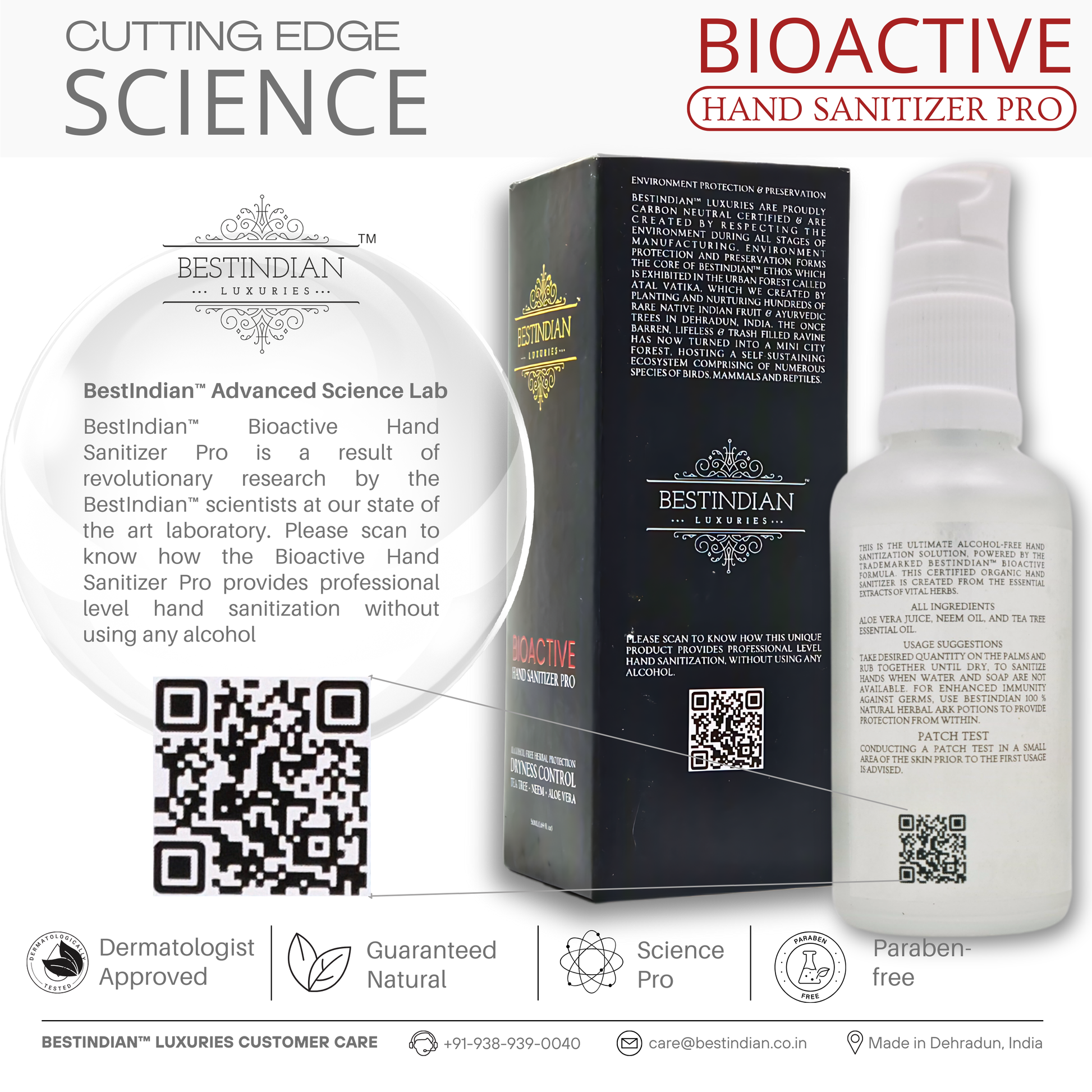 BioActive Hand Sanitizer Pro bottle and box by BestIndian, presented with a QR code and text about the product’s advanced scientific research, highlighting its professional, alcohol-free hand sanitization.