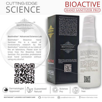 BioActive Hand Sanitizer Pro bottle and box by BestIndian, presented with a QR code and text about the product’s advanced scientific research, highlighting its professional, alcohol-free hand sanitization.