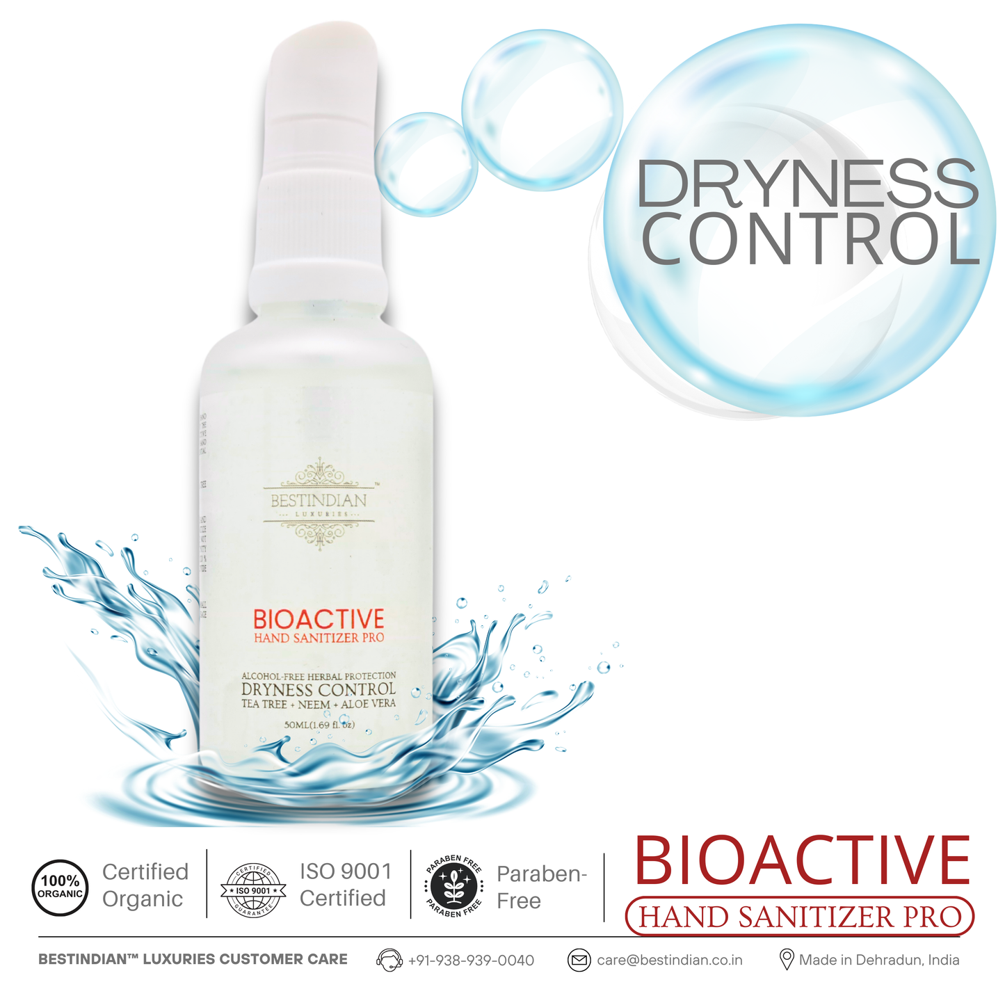 BioActive Hand Sanitizer Pro by BestIndian, shown with water splash graphics and dryness control text, highlighting its certified organic, paraben-free formula with tea tree, neem, and aloe vera for advanced hydration.