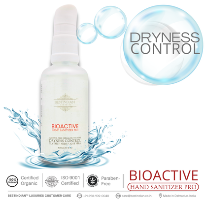 BioActive Hand Sanitizer Pro by BestIndian, shown with water splash graphics and dryness control text, highlighting its certified organic, paraben-free formula with tea tree, neem, and aloe vera for advanced hydration.