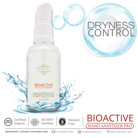 BioActive Hand Sanitizer Pro by BestIndian, shown with water splash graphics and dryness control text, highlighting its certified organic, paraben-free formula with tea tree, neem, and aloe vera for advanced hydration.