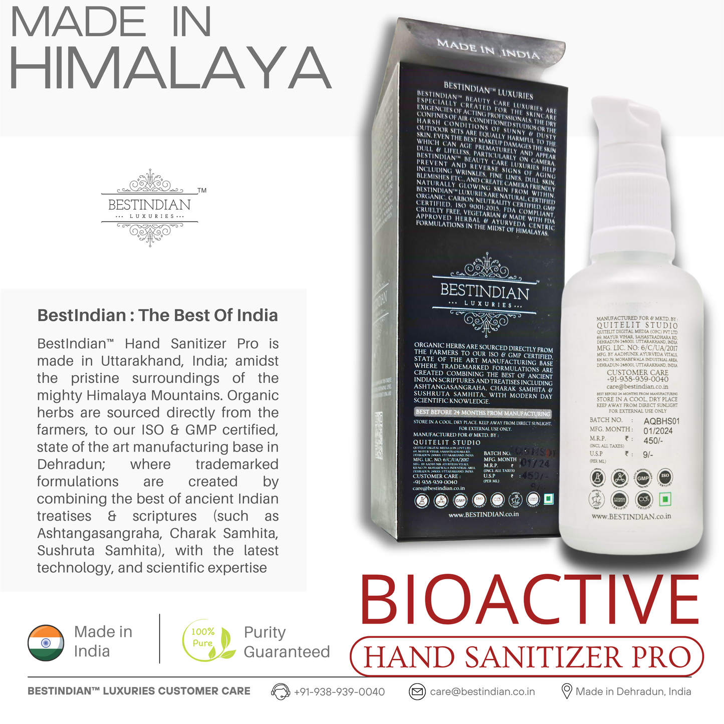 BioActive Hand Sanitizer Pro by BestIndian shown with packaging, set against a "Made in Himalaya" headline, showcasing organic ingredients and purity guarantee from its Dehradun-based laboratory in India.