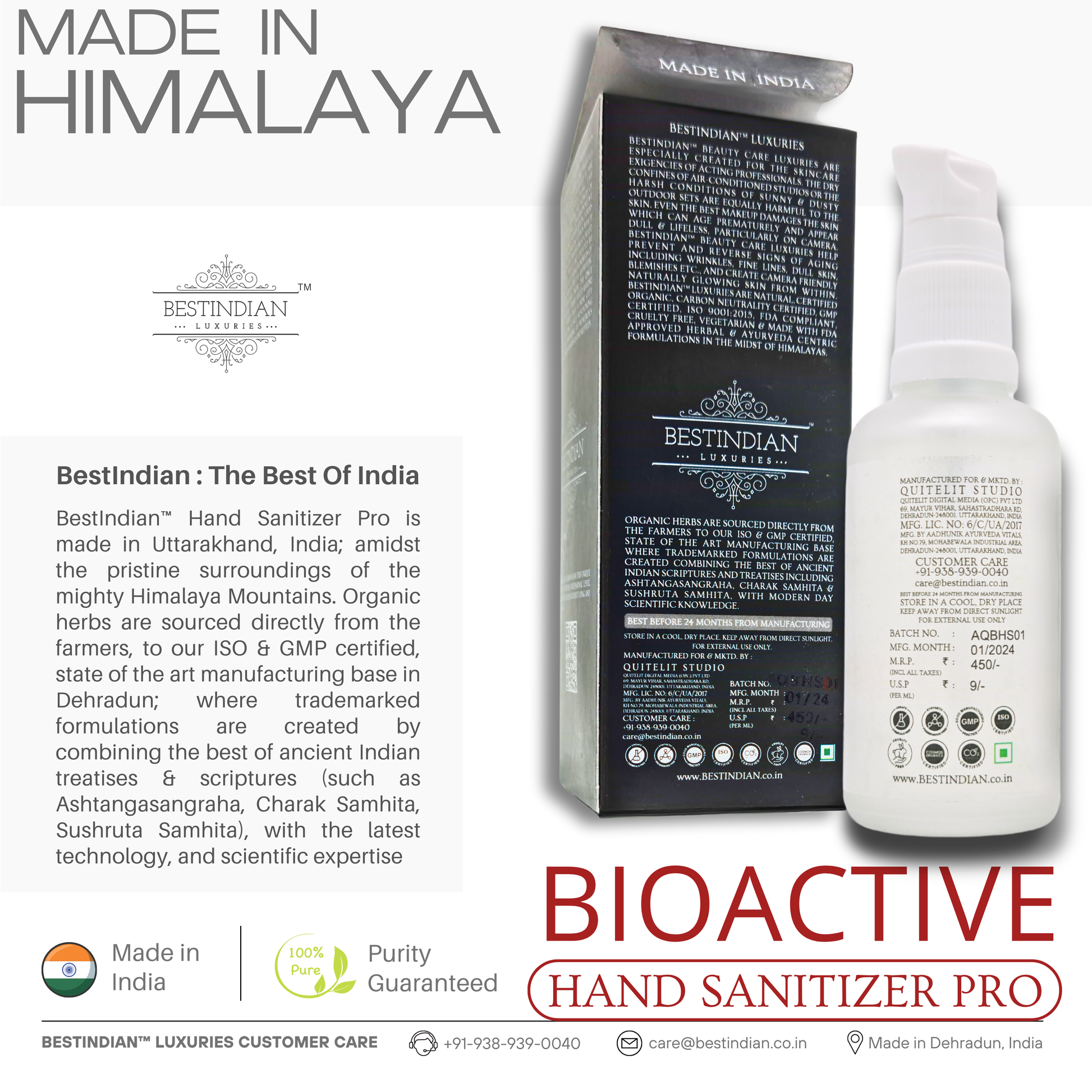 BioActive Hand Sanitizer Pro by BestIndian shown with packaging, set against a "Made in Himalaya" headline, showcasing organic ingredients and purity guarantee from its Dehradun-based laboratory in India.
