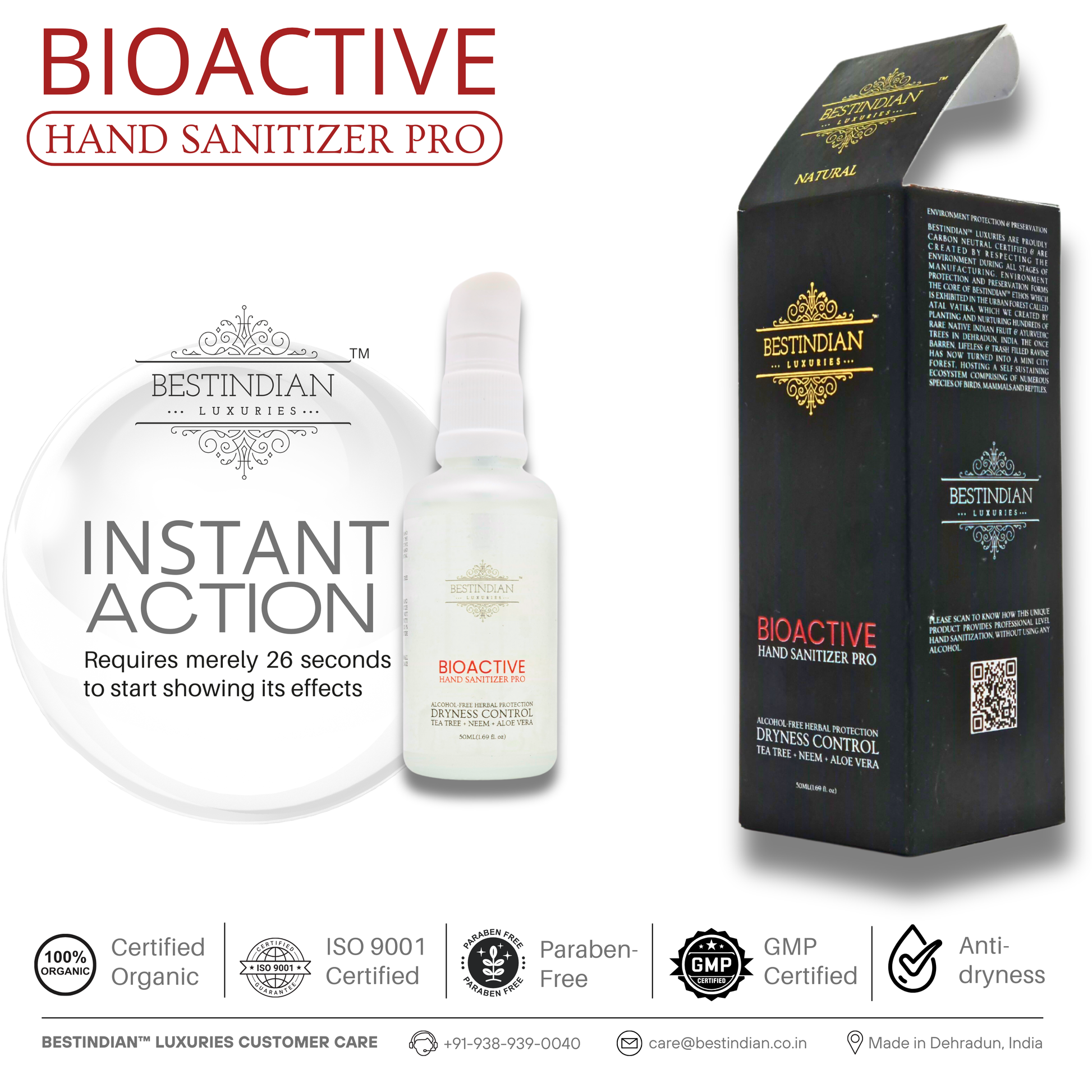 BioActive Hand Sanitizer Pro by BestIndian, with box and bottle side by side, spotlighting its instant action formula that starts working in 26 seconds for fast, gentle, alcohol-free hand cleansing.