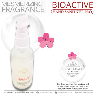 BioActive Hand Sanitizer Pro bottle by BestIndian shown with a hibiscus illustration, highlighting its mesmerizing fragrance derived from tea tree oil, with fresh, earthy, and herbaceous notes.