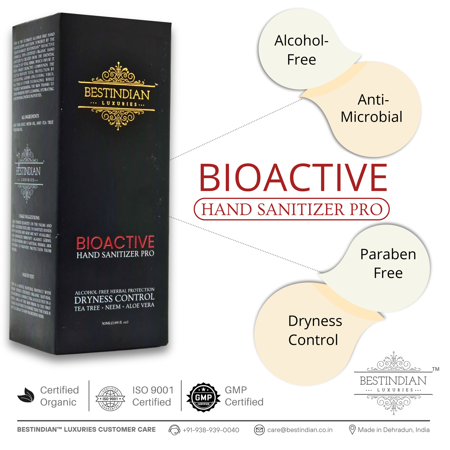 The black box of BioActive Hand Sanitizer Pro by BestIndian with benefit bubbles, highlighting its alcohol-free, anti-microbial, paraben-free features and advanced dryness control for gentle hand care.