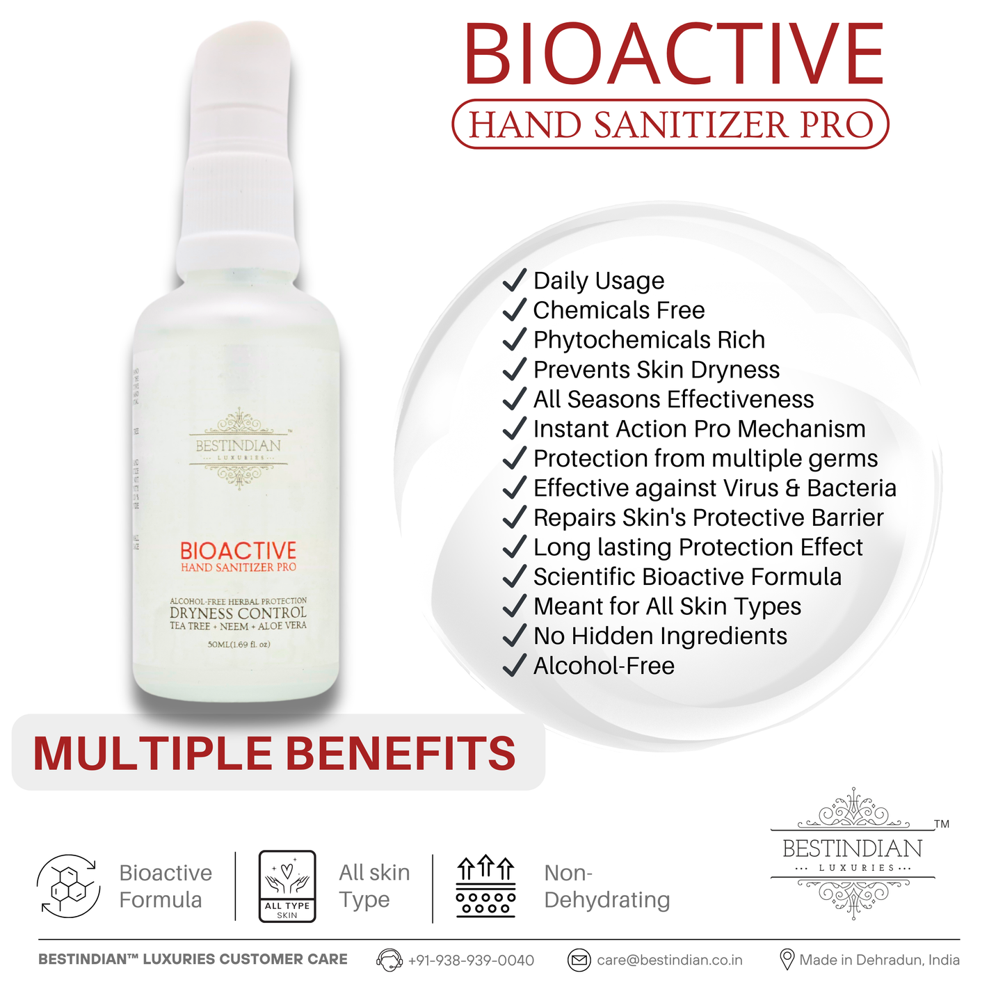 The front view of BioActive Hand Sanitizer Pro by BestIndian, alcohol-free and moisturizing, shown with a checklist of its multiple benefits including phytochemical richness, skin dryness prevention, and gentle studio care for all skin types.
