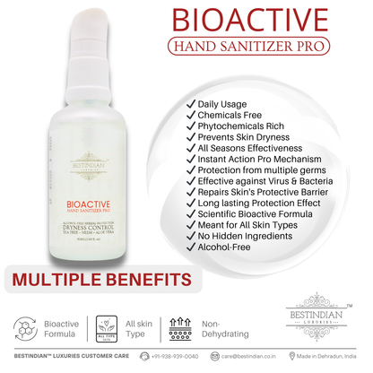 The front view of BioActive Hand Sanitizer Pro by BestIndian, alcohol-free and moisturizing, shown with a checklist of its multiple benefits including phytochemical richness, skin dryness prevention, and gentle studio care for all skin types.
