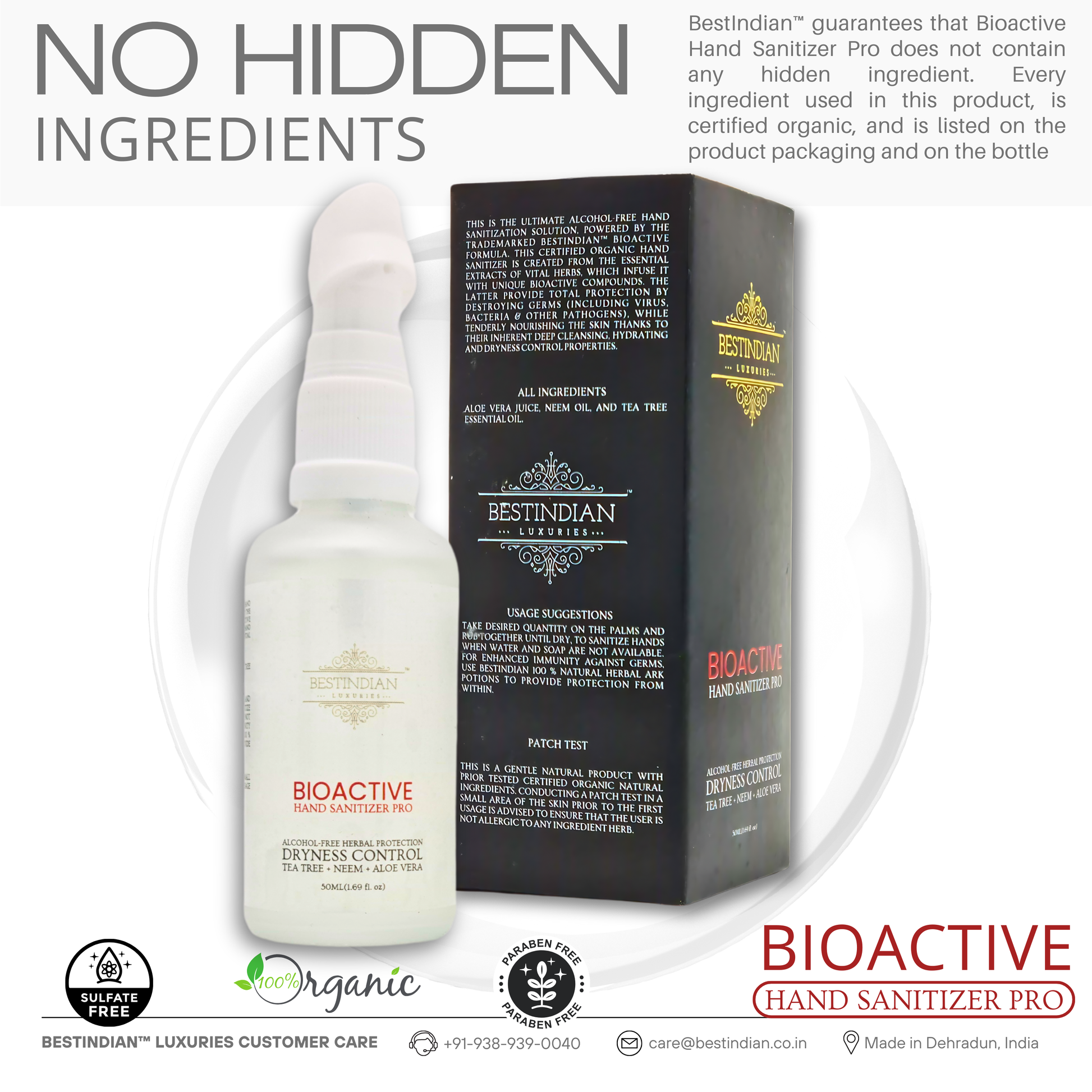 BioActive Hand Sanitizer Pro bottle and packaging by BestIndian, displayed together to emphasize a sulfate-free, paraben-free, and fully transparent formula with all ingredients clearly listed for consumer trust.