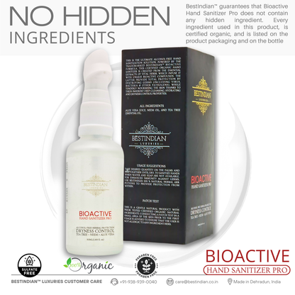 BioActive Hand Sanitizer Pro bottle and packaging by BestIndian, displayed together to emphasize a sulfate-free, paraben-free, and fully transparent formula with all ingredients clearly listed for consumer trust.