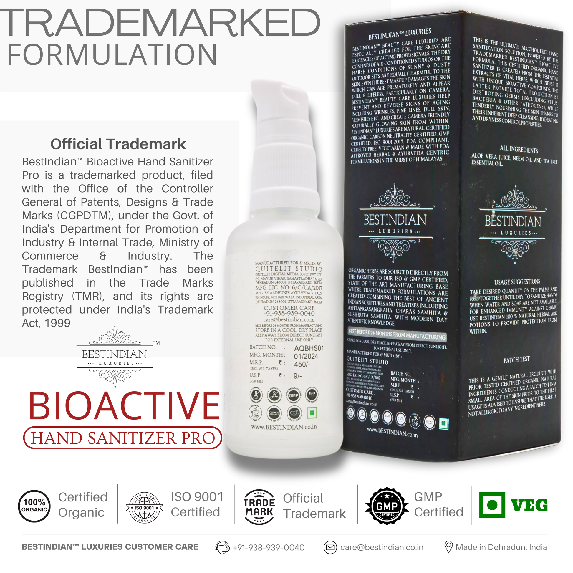 BioActive Hand Sanitizer Pro bottle and box by BestIndian, shown with official trademark information, representing a certified organic dryness control formula for safe and effective professional hand hygiene.