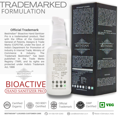 BioActive Hand Sanitizer Pro bottle and box by BestIndian, shown with official trademark information, representing a certified organic dryness control formula for safe and effective professional hand hygiene.
