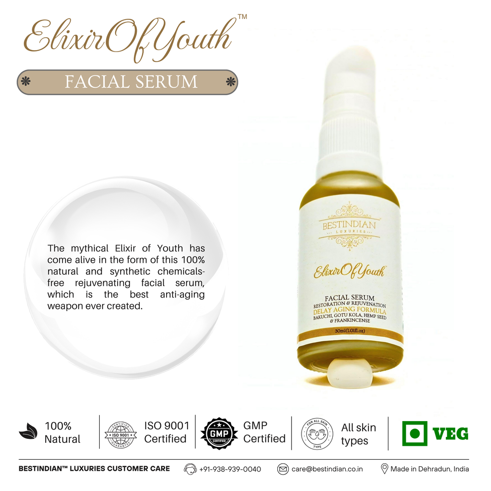 The Elixir of Youth 100% natural and synthetic chemical-free rejuvenating facial serum, shown with its pump dispenser.