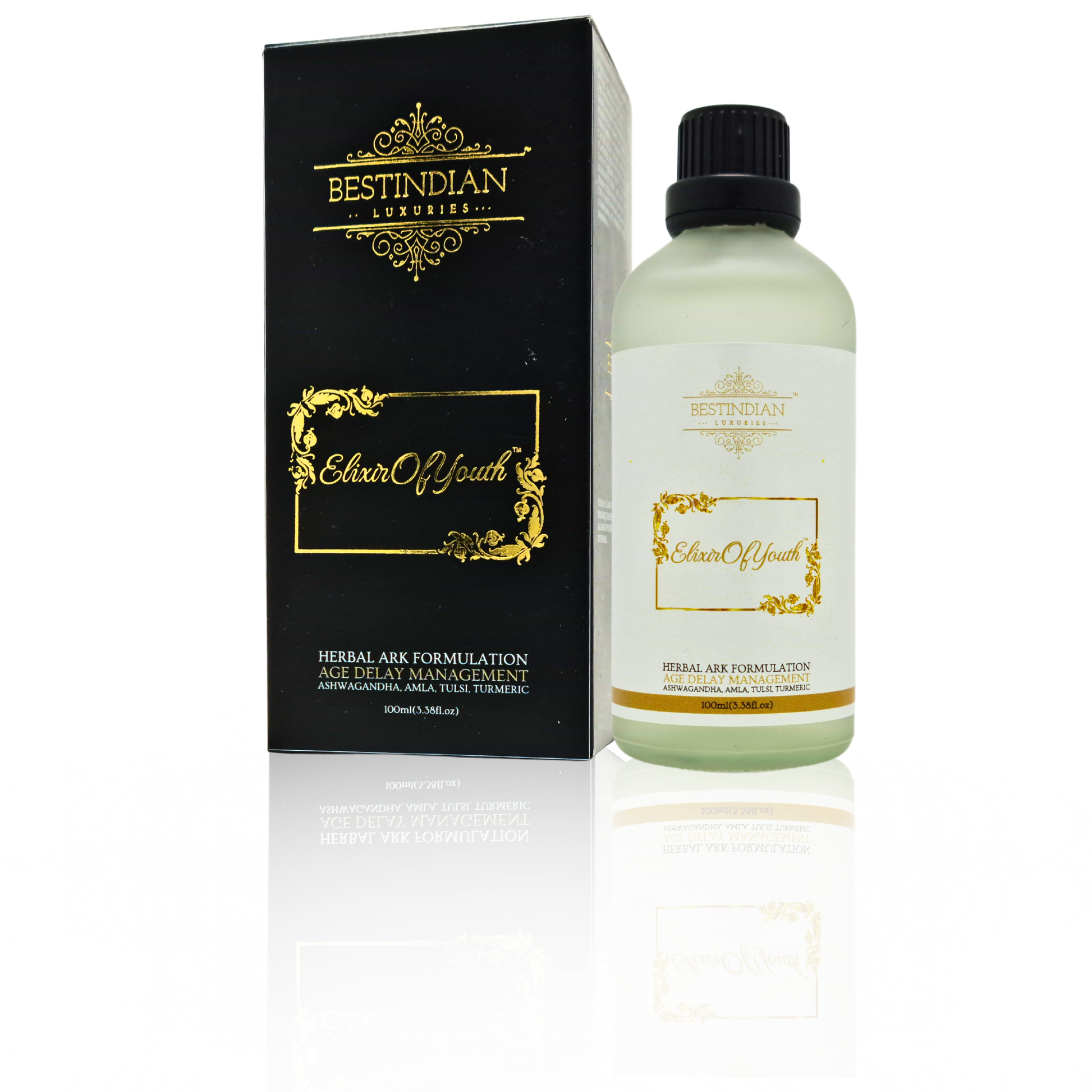 Packaging and bottle of the Elixir of Youth herbal Ayurvedic ark, an age delay management formulation with Ashwagandha, Amla, and Turmeric.
