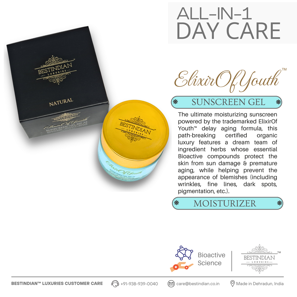 Detailing the all-in-one day care and moisturizer benefits of the Elixir of Youth Sunscreen, which protects from sun damage and prevents blemishes.