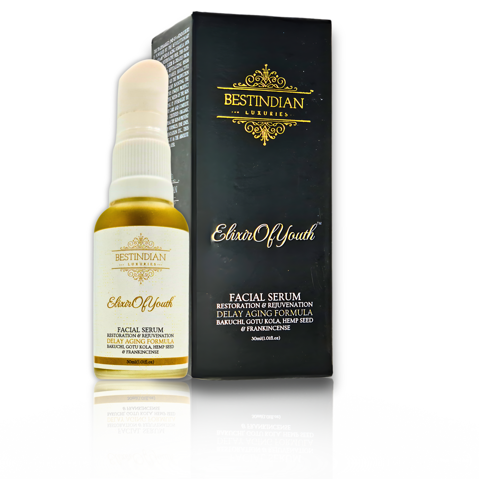 A bottle and premium black and gold packaging of the Elixir of Youth anti-aging facial serum, a restoration and rejuvenation formula with Bakuchi, Gotu Kola, and Hemp Seed.