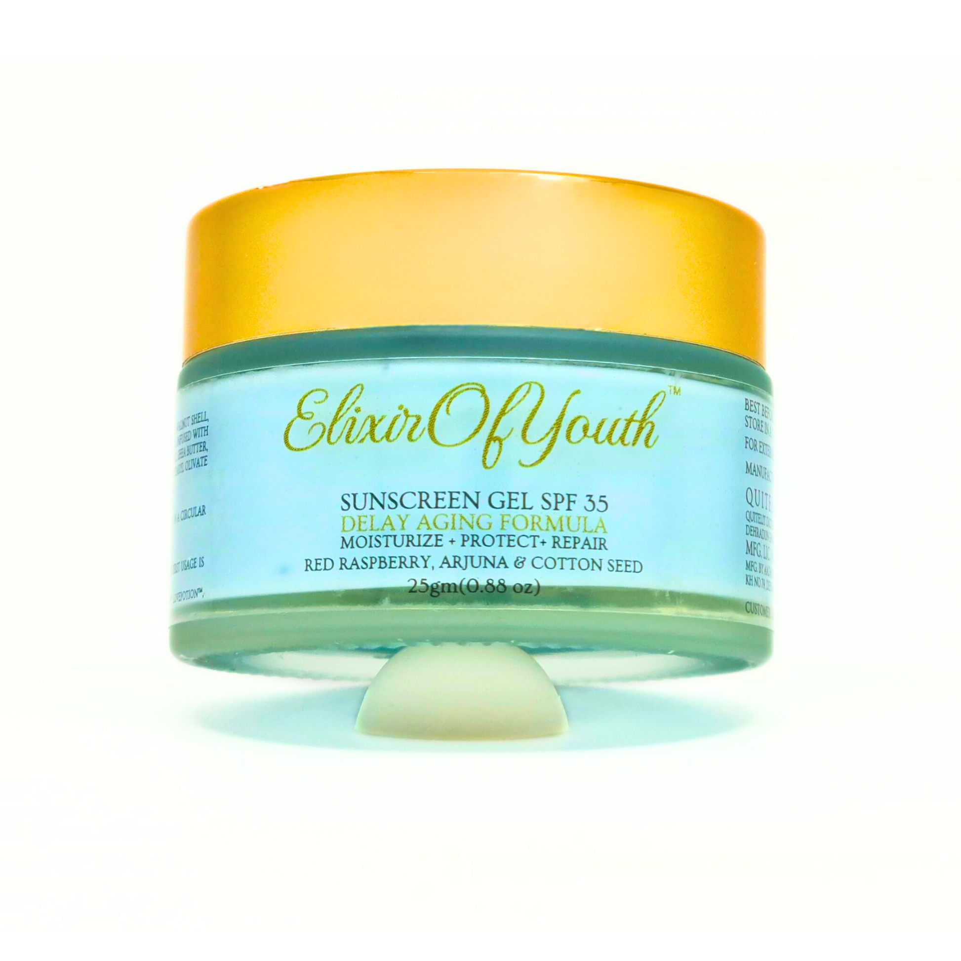 Jar of Elixir of Youth anti-aging sunscreen gel with SPF 35 and Delay aging formula with Red Raspberry, Arjuna, and Cotton Seed.