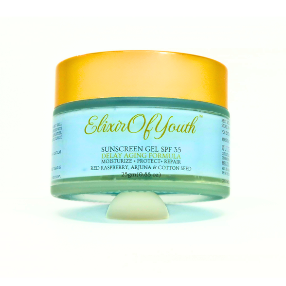 A bottle of the Elixir of Youth anti-aging sunscreen gel with SPF 35, a delay aging formula with Red Raspberry, Arjuna, and Cotton Seed.