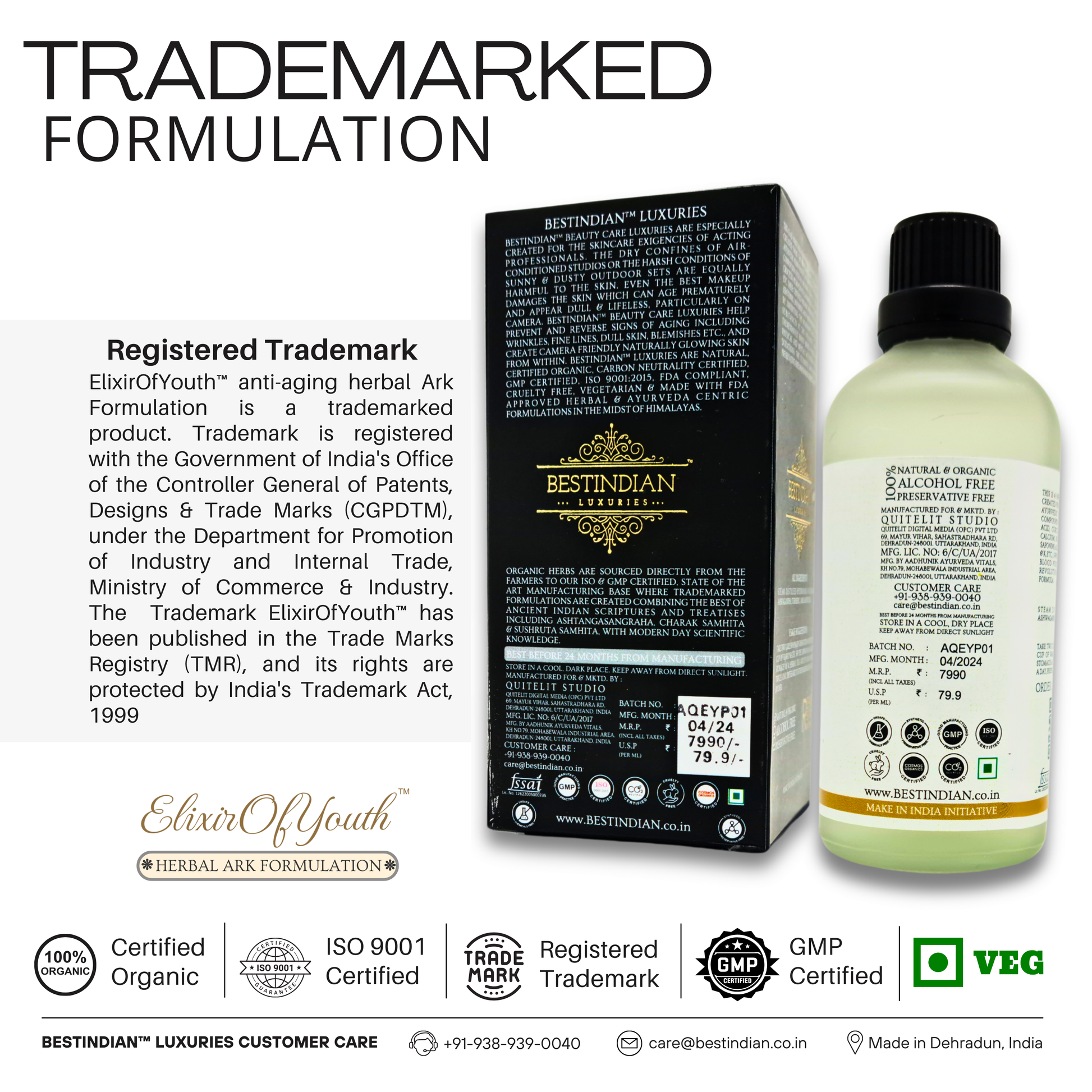 Highlighting the officially registered trademark for the Elixir of Youth anti-aging herbal ark formulation, with its organic and GMP certifications.