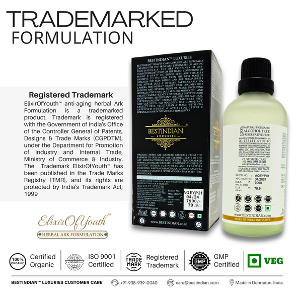 Highlighting the officially registered trademark for the Elixir of Youth anti-aging herbal ark formulation, with its organic and GMP certifications.