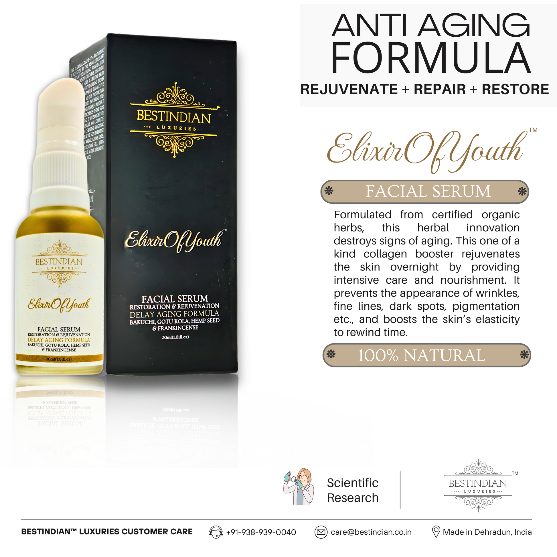 The Elixir of Youth facial serum and box, highlighting the scientific research behind its 100% natural Ayurvedic anti-aging formula.