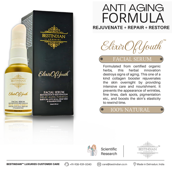 The Elixir of Youth facial serum and box, highlighting the scientific research behind its 100% natural Ayurvedic anti-aging formula.