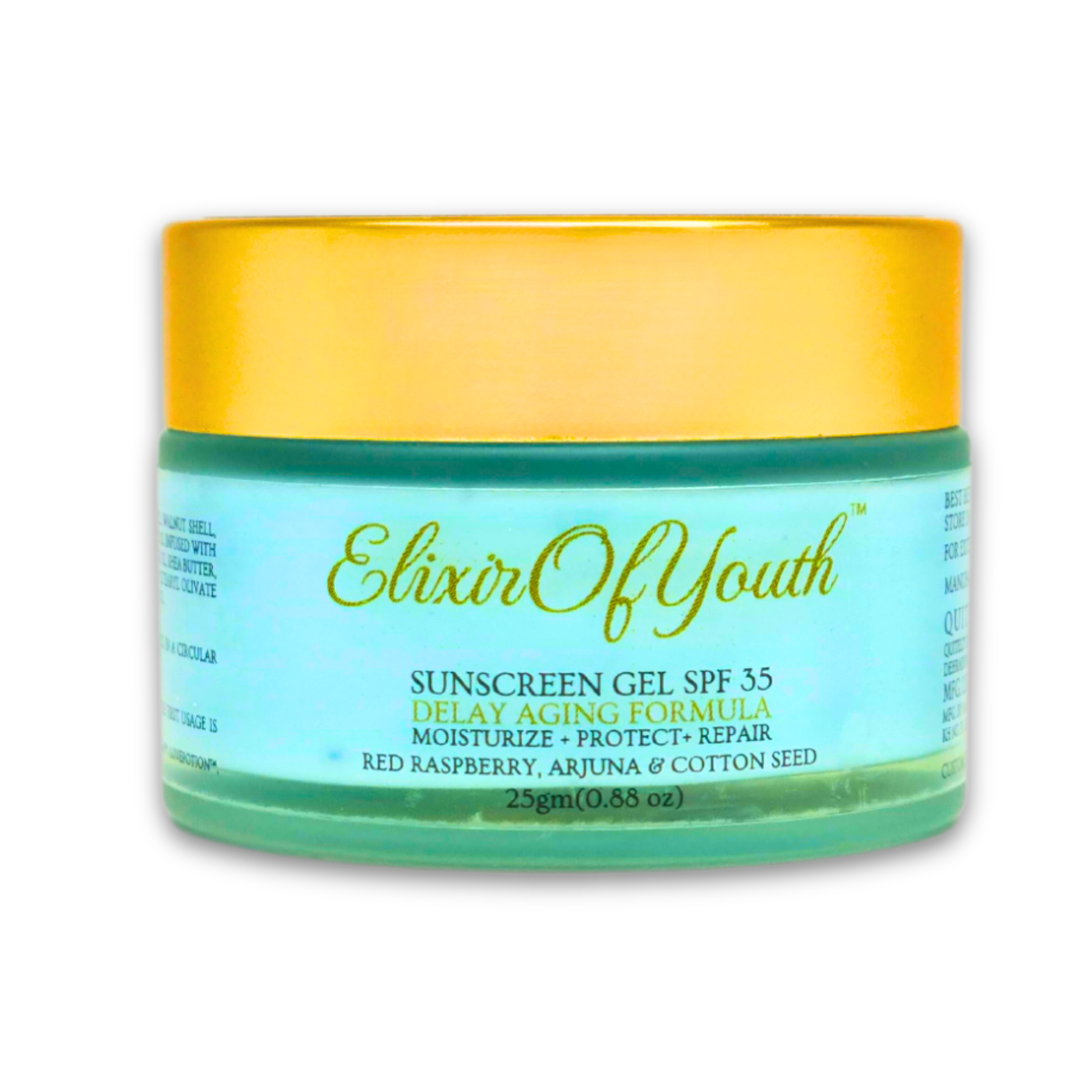A bottle of the Elixir of Youth anti-aging sunscreen gel with white background. Label on the bottle has text such as delay aging formula with Red Raspberry, Arjuna, and Cotton Seed. Moisturize + Protect + Repair