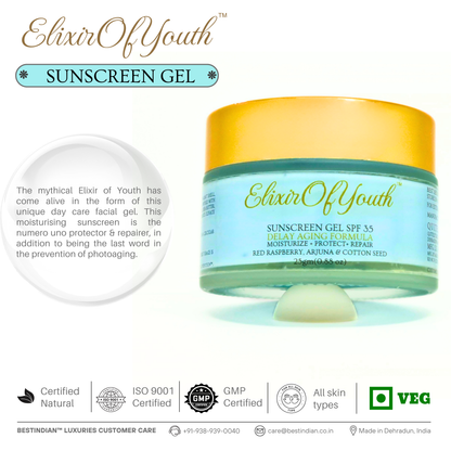 The Elixir of Youth sunscreen gel, shown with its Certified Natural, ISO 9001, GMP Certified, All Skin Types, and Veg icons.