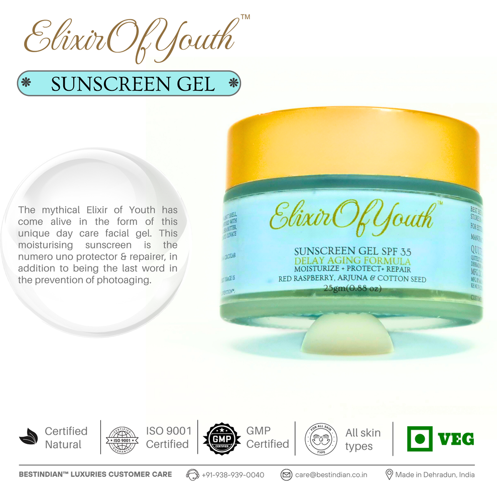 The Elixir of Youth sunscreen gel, shown with its Certified Natural, ISO 9001, GMP Certified, All Skin Types, and Veg icons.