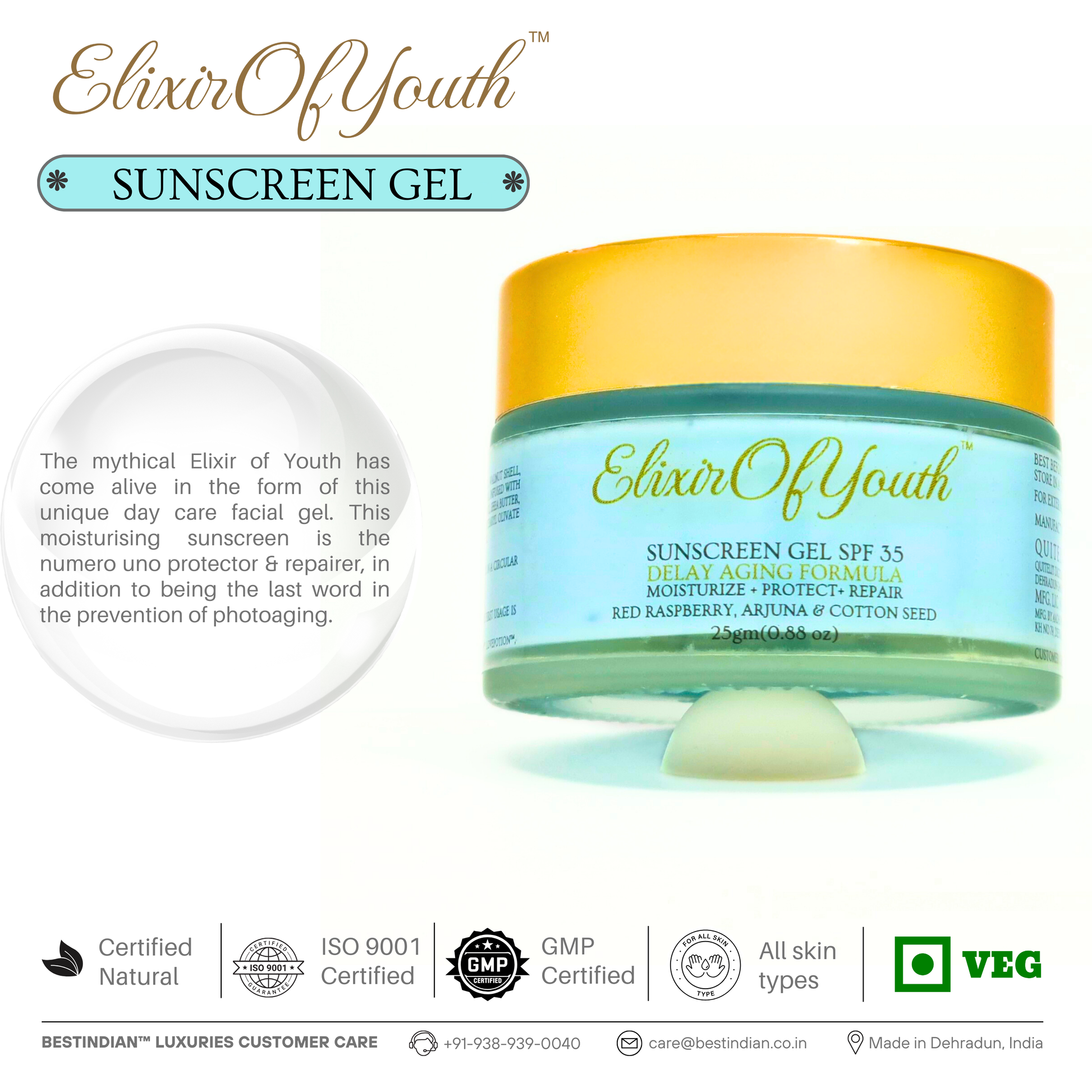 The Elixir of Youth sunscreen gel, shown with its Certified Natural, ISO 9001, GMP Certified, All Skin Types, and Veg icons.