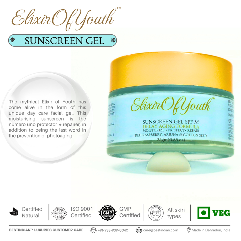 The Elixir of Youth sunscreen gel, shown with its Certified Natural, ISO 9001, GMP Certified, All Skin Types, and Veg icons.