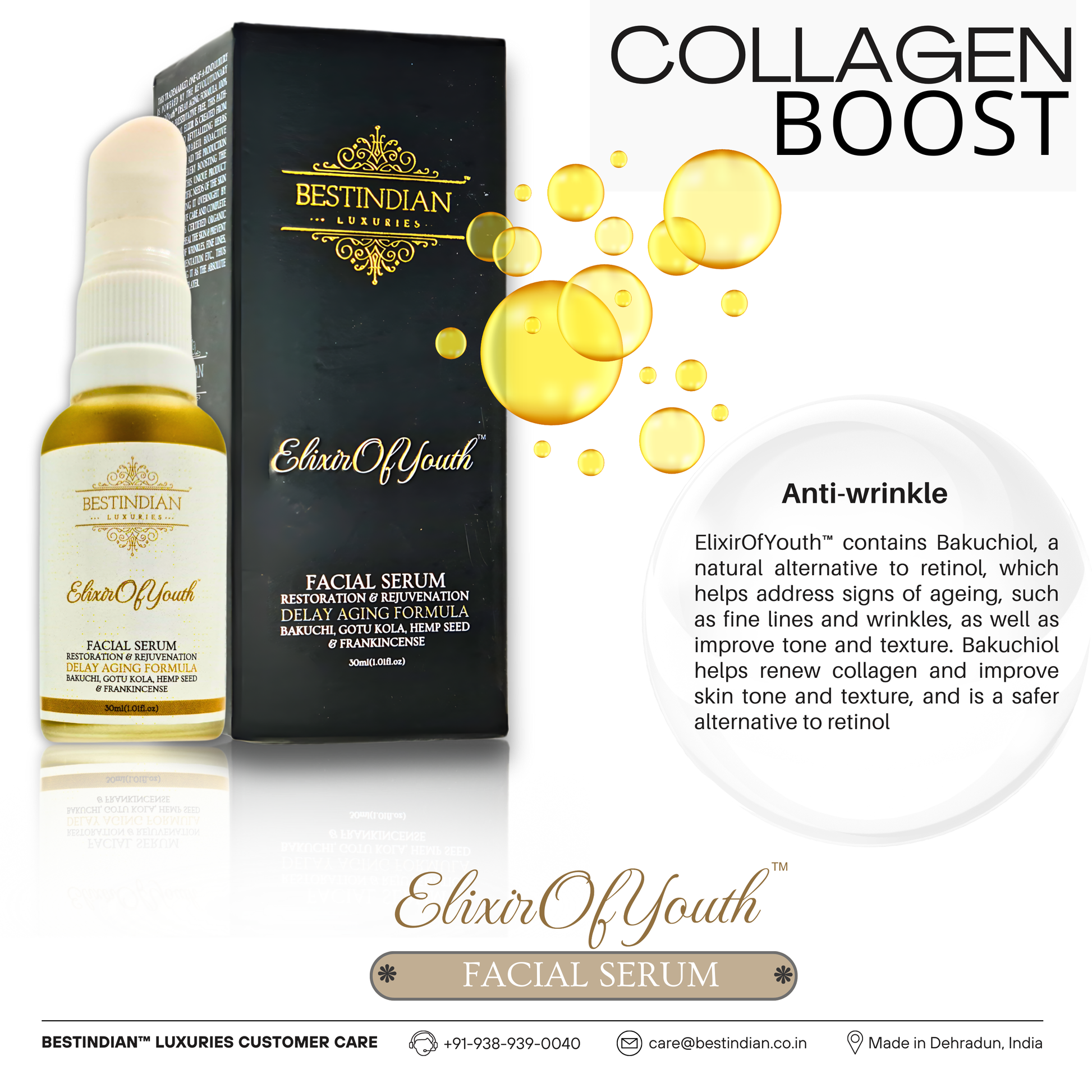An infographic on the collagen-boosting and anti-wrinkle benefits of the Elixir of Youth facial serum, featuring Bakuchiol as a natural alternative to retinol.