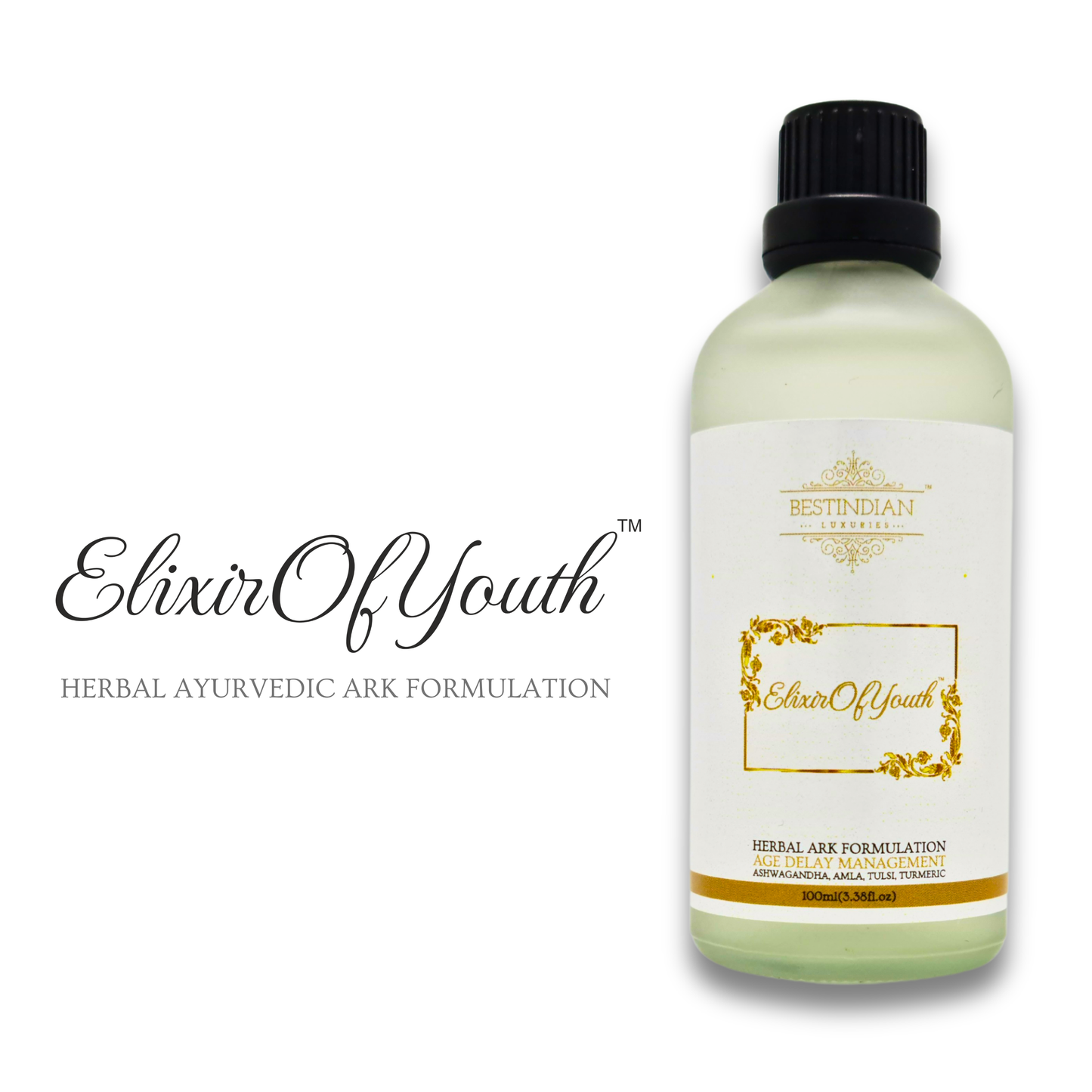 Logo and bottle of the Elixir of Youth herbal ark, an age delay management formulation with Ashwagandha, Amla, and Turmeric.