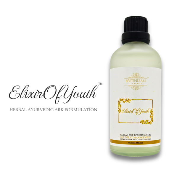 Logo and bottle of the Elixir of Youth herbal ark, an age delay management formulation with Ashwagandha, Amla, and Turmeric.