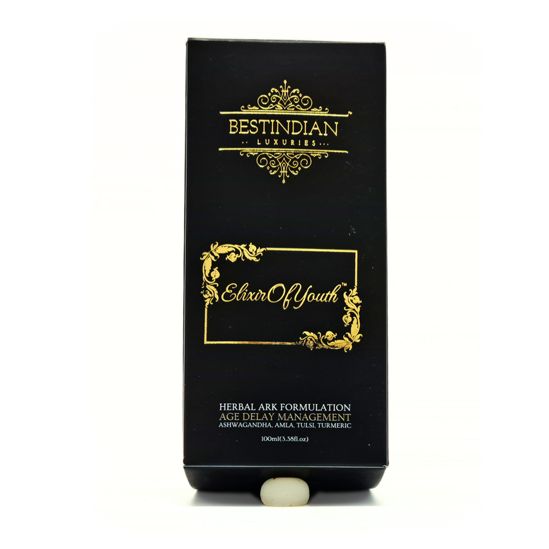 A bottle of the Elixir of Youth herbal ark potion, an anti-aging formula with Ashwagandha, Amla, and Tulsi for age delay management.