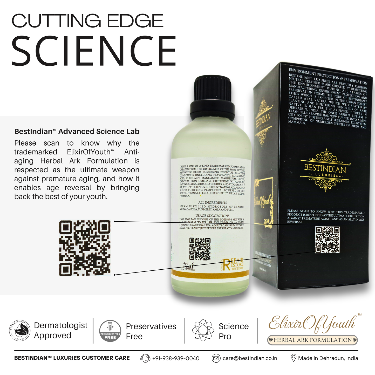 A QR code detailing the cutting-edge science and trademarked formulation behind the Elixir of Youth anti-aging herbal ark, which enables age reversal.
