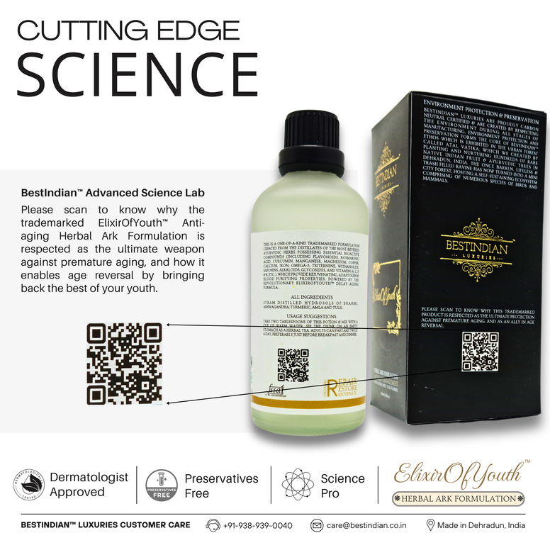 A QR code detailing the cutting-edge science and trademarked formulation behind the Elixir of Youth anti-aging herbal ark, which enables age reversal.
