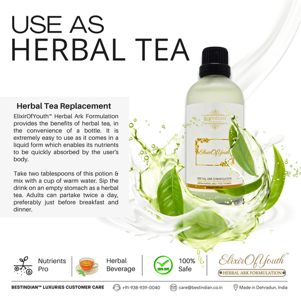 An infographic explaining usage of the Elixir of Youth herbal ark formulation as a safe, 100% natural herbal tea replacement.