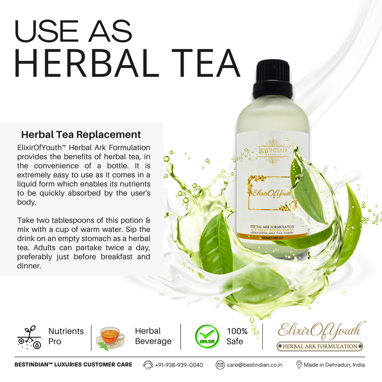 An infographic explaining usage of the Elixir of Youth herbal ark formulation as a safe, 100% natural herbal tea replacement.