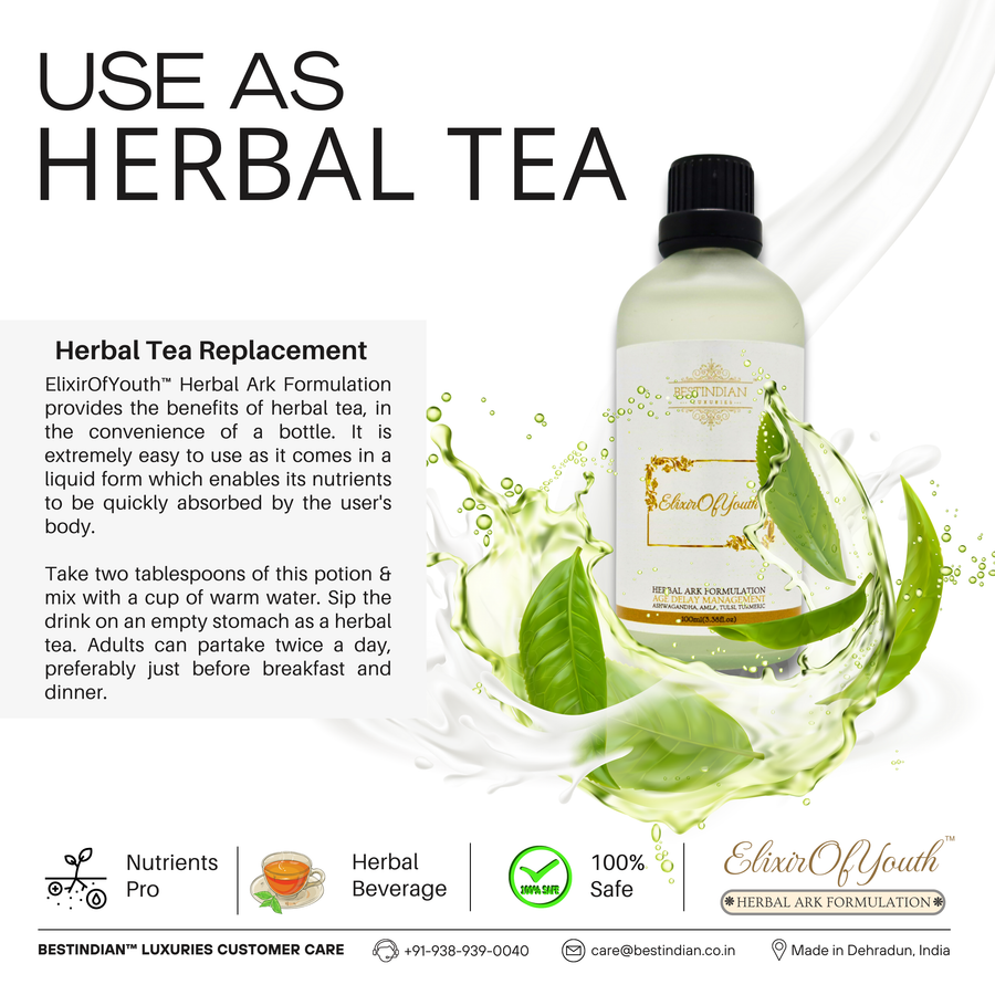 An infographic explaining usage of the Elixir of Youth herbal ark formulation as a safe, 100% natural herbal tea replacement.
