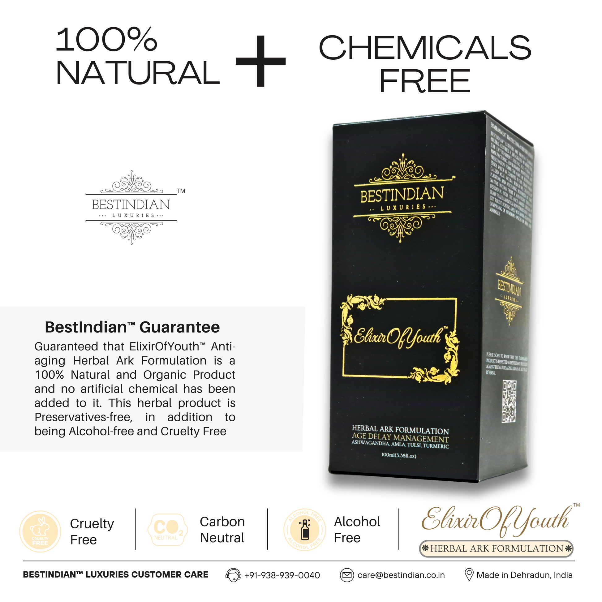 Infographic containing a text block with BestIndian guarantee that the Elixir of Youth anti-aging herbal ark is a 100% natural, organic, preservative-free, and cruelty-free product.