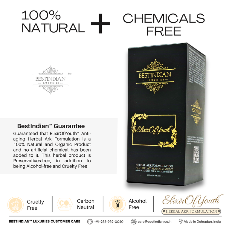 Infographic containing a text block with BestIndian guarantee that the Elixir of Youth anti-aging herbal ark is a 100% natural, organic, preservative-free, and cruelty-free product.