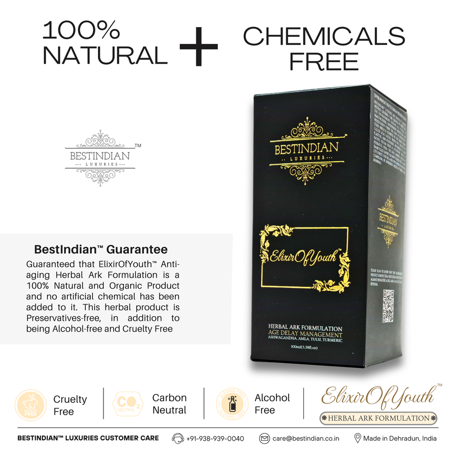Infographic containing a text block with BestIndian guarantee that the Elixir of Youth anti-aging herbal ark is a 100% natural, organic, preservative-free, and cruelty-free product.