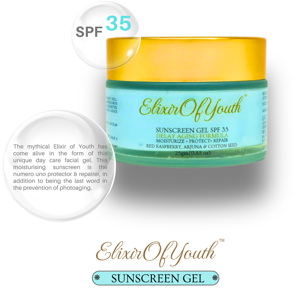 The Elixir of Youth moisturizing sunscreen with SPF 35, described as a unique day care facial gel for the prevention of photoaging.