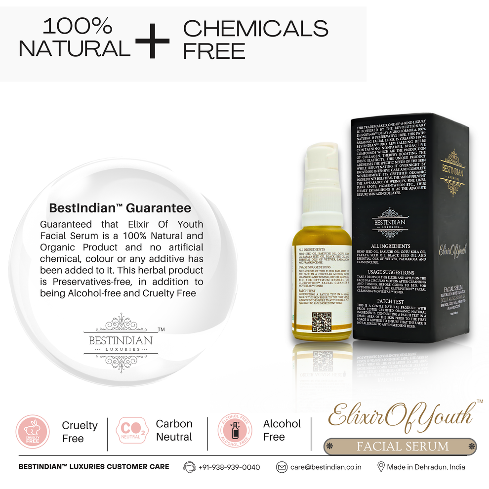 The BestIndian guarantee that the Elixir of Youth facial serum is 100% natural, chemical-free, cruelty-free, and preservative-free.