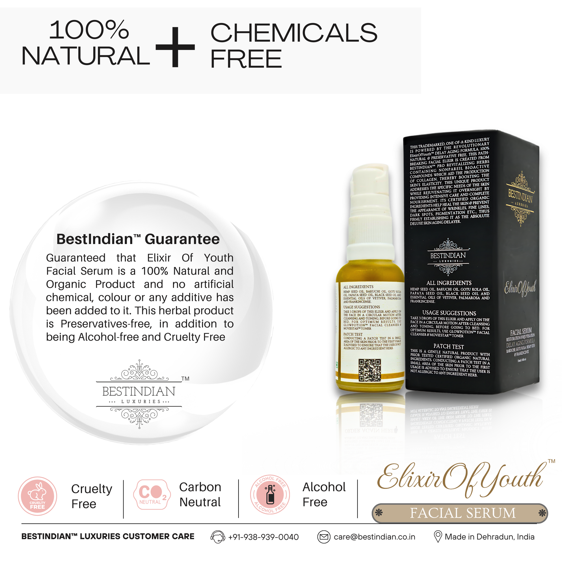 The BestIndian guarantee that the Elixir of Youth facial serum is 100% natural, chemical-free, cruelty-free, and preservative-free.