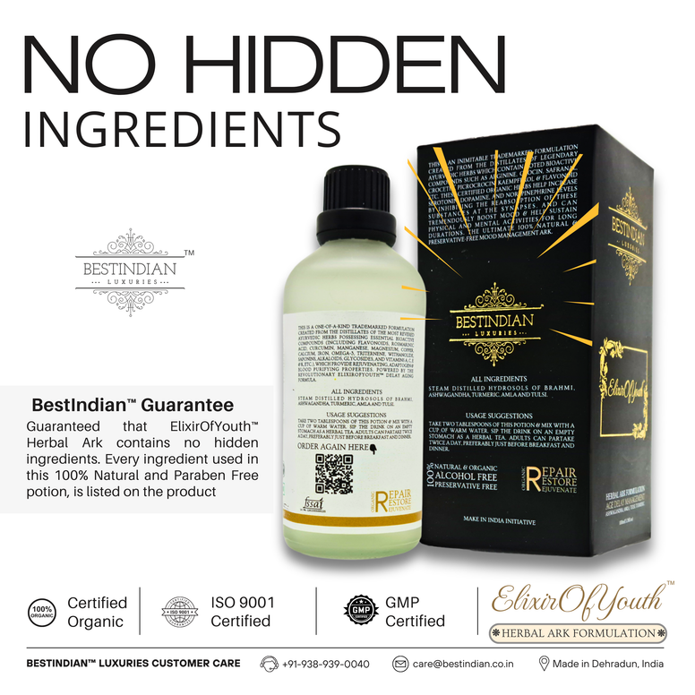 No hidden ingredients guarantee for the Elixir of Youth potion, with a checklist showing it is 100% natural, organic, chemical-free, alcohol-free, and paraben-free.