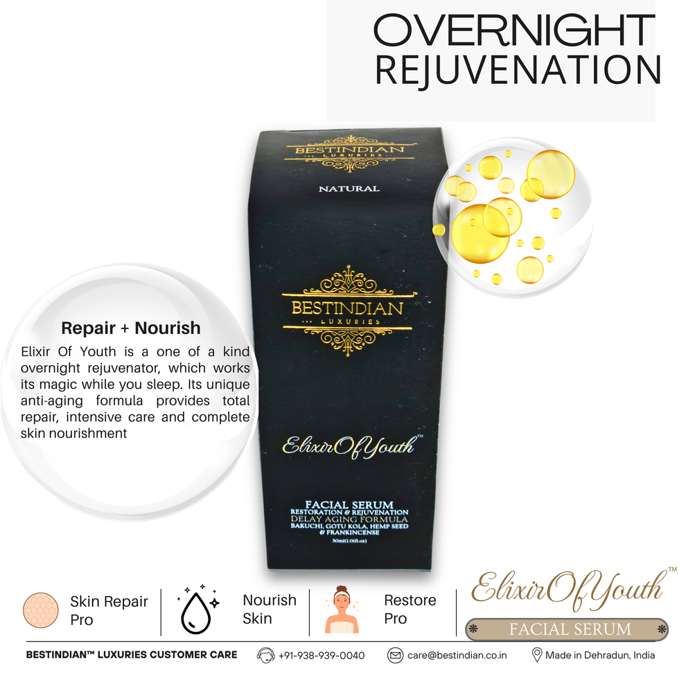 Detailing the overnight rejuvenation and skin repair benefits of the Elixir of Youth anti-aging facial serum.