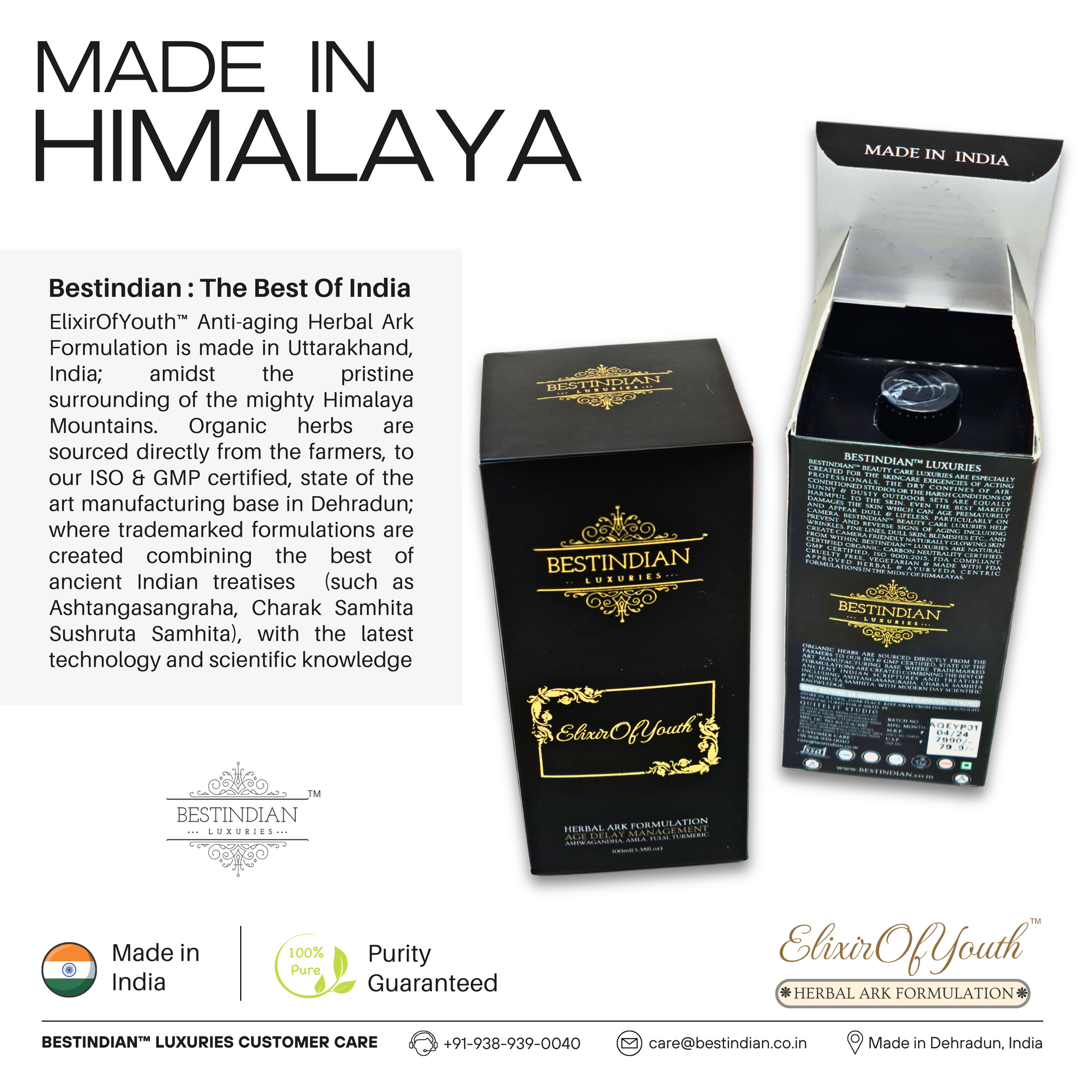 An infographic highlighting that the Elixir of Youth anti-aging ark formulation is made in the Himalayas with organic, locally-sourced herbs.